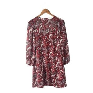 NEW Loft Red Silver Paisley Print Long Sleeve Mini Midi Dress Fun Girly Size XS